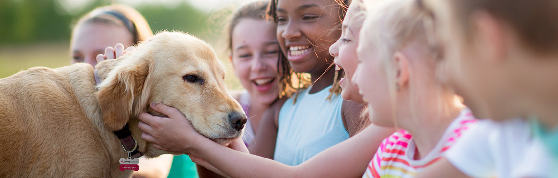 Children petting Golden Retriever