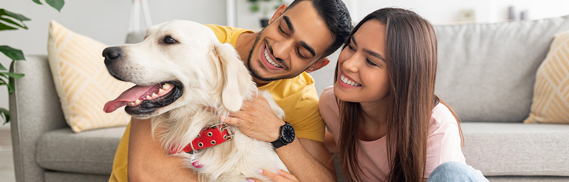 Happy couple sitting with Golden Retriever